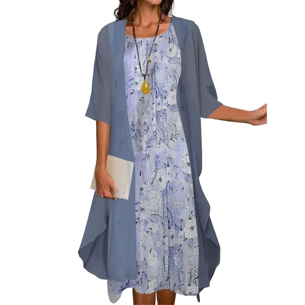Two-Piece Set Maxi Dress for Womens Flowy Chiffon Cardigan Wedding Guest Floral Print Midi Dresses with Lace Jacket, Navy, Large