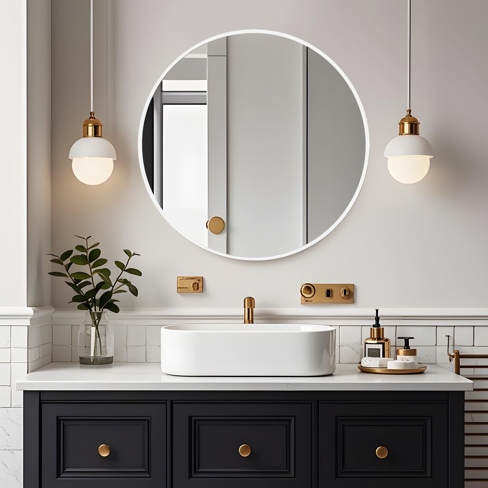 Round Bathroom Mirror,50cm Circle Mirror Brushed Frame Wall Mirror Metal Framed HD Glass Wall for Makeup Bathroom Living Room Entryway White