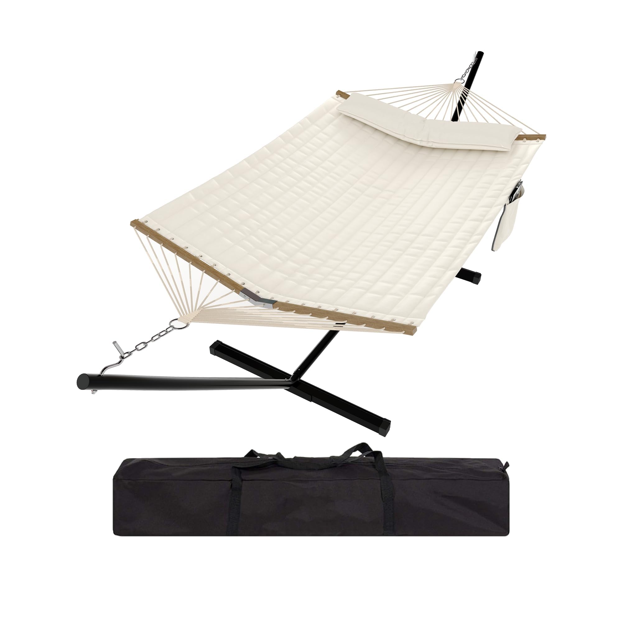 Lidzopas 2 Person Freestanding Quilted Hammock with Steel Stand, 450lbs Heavy Duty Weatherproof Hammock Set with Cushion Pillow & Portable Bag for Outdoor Patio Backyard Poolside, Beige