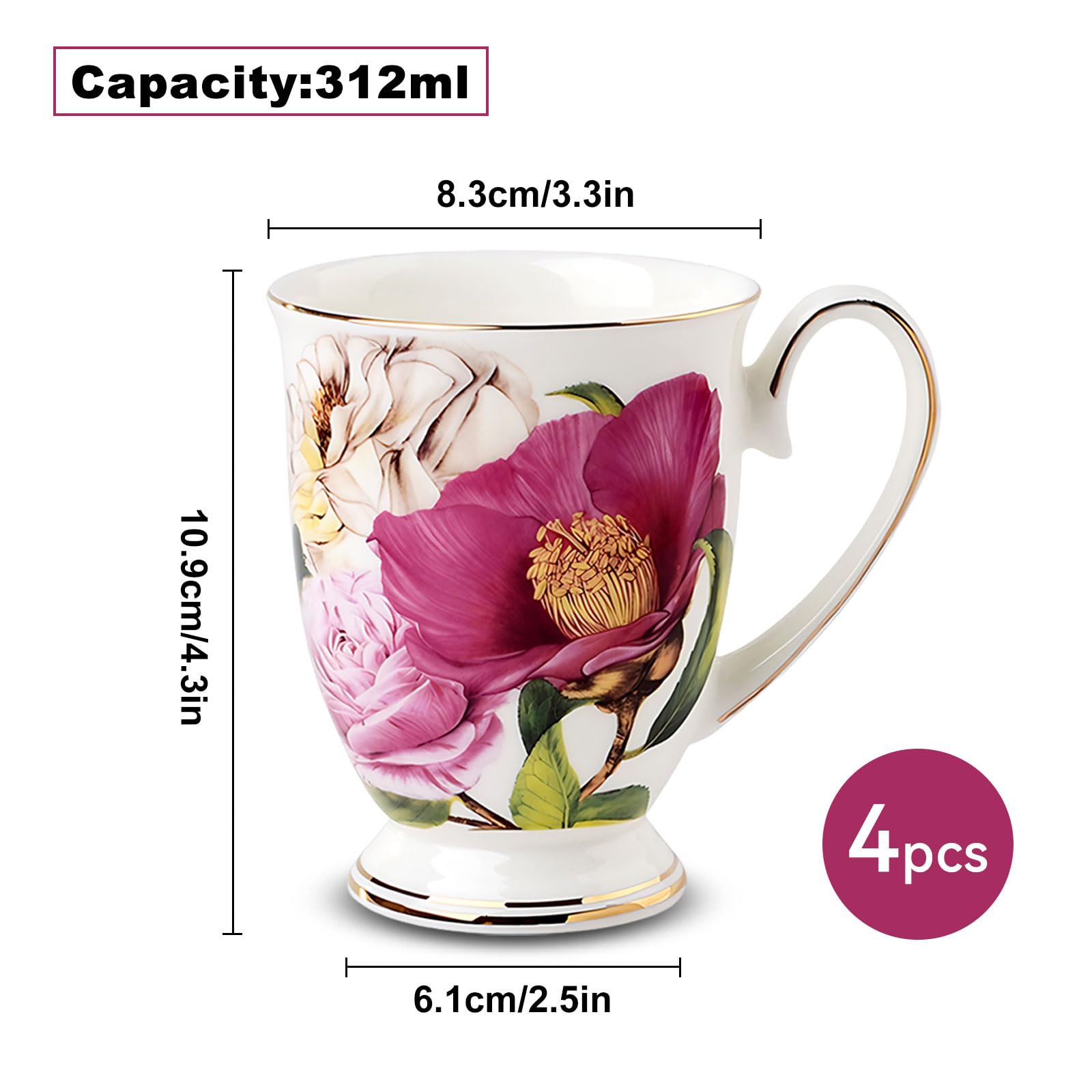 Lot de 4 tasses à café de 312 ml en porcelaine anglaise avec motif floral, grandes tasses à thé, café et chocolat chaud, idéales pour les cadeaux