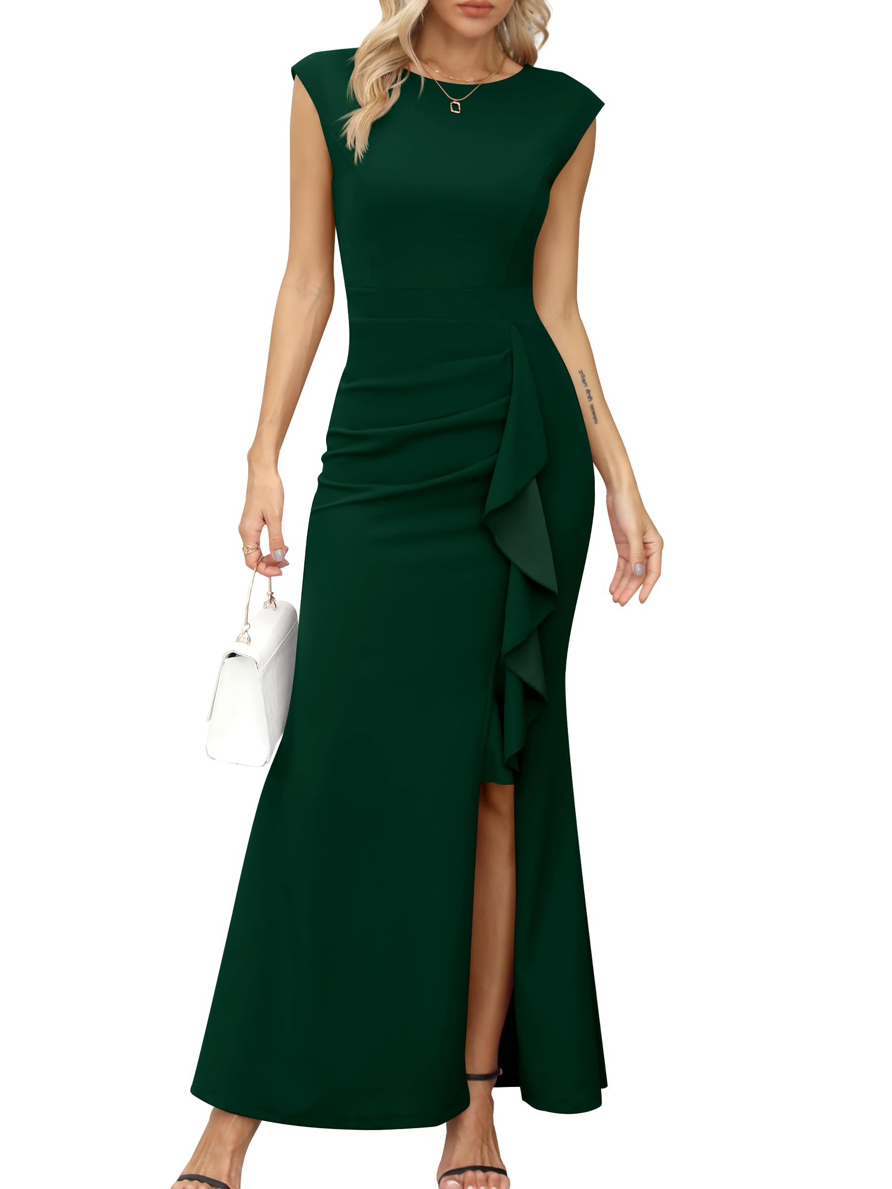 Missufe Vestido largo de fiesta para mujer, vestido de noche con corte sirena entallado, con volantes, abertura, mangas tipo ala, para bodas y eventos formales