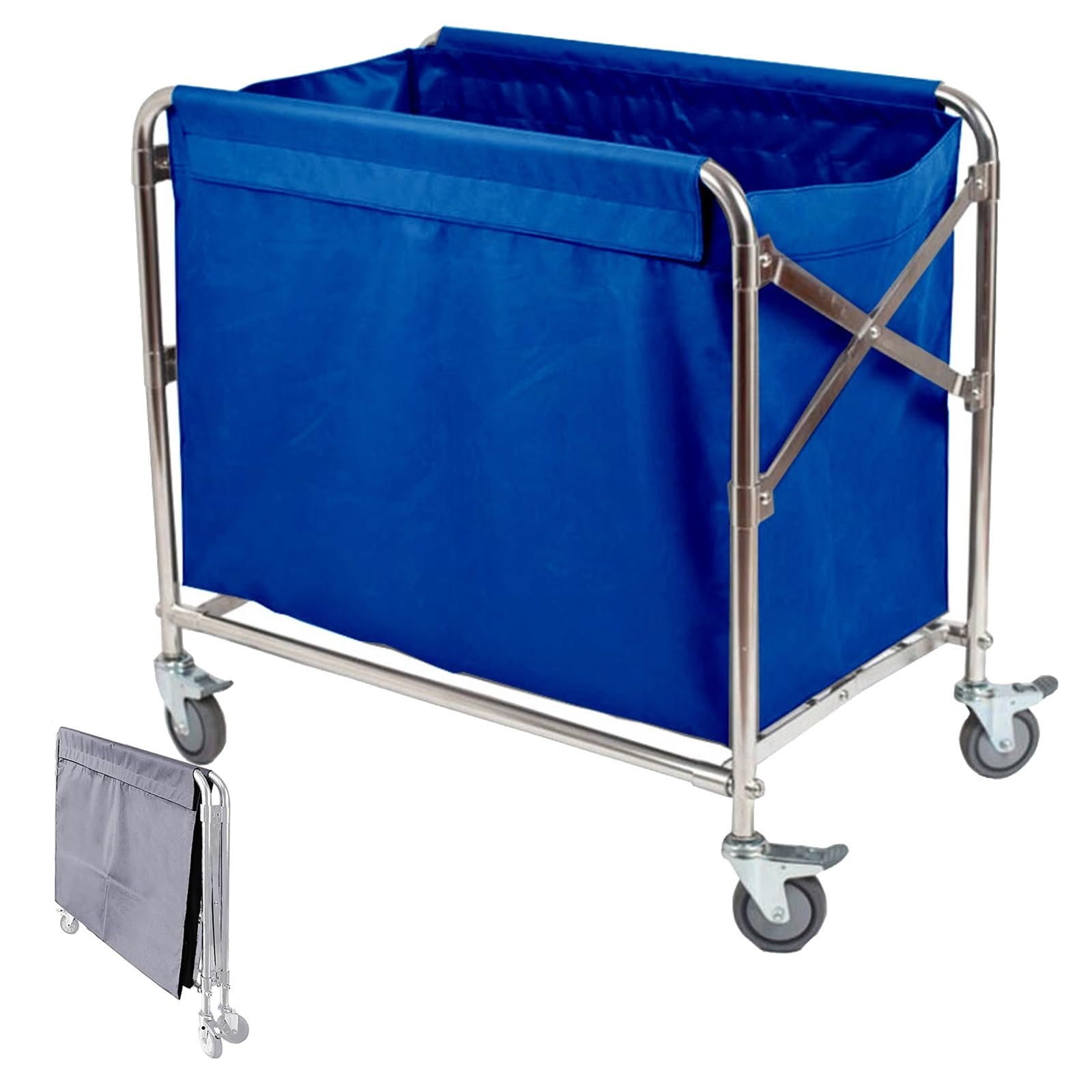 Carro Clasificador de Ropa Plegable, Carrito de Lavandería Comercial para Hotel con Estructura de Acero Inoxidable y Bolsas Extraíbles, 280 L/350 L, Capacidad de Carga 200 Kg/440 Lb(Blue,52x86x83cm)