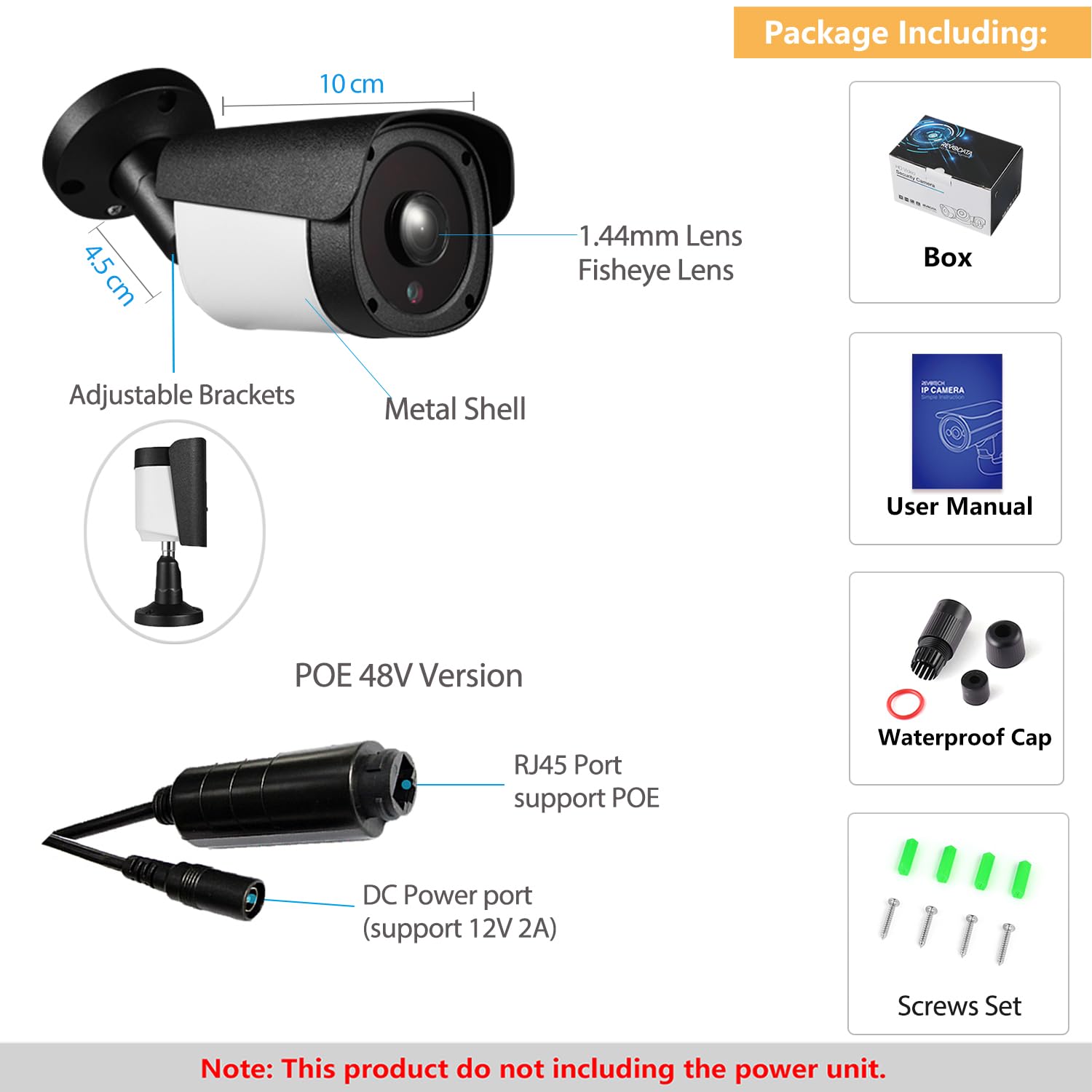 5MP POE IP Kamera, Metall Outdoor Indoor IP65 Wasserdicht POE Sicherheitskamera, 10M IR Nachtsicht 1.44mm Fisheye Panoramalinse P2P View Kamera, Bewegungserkennung (I542-P-HS-S)