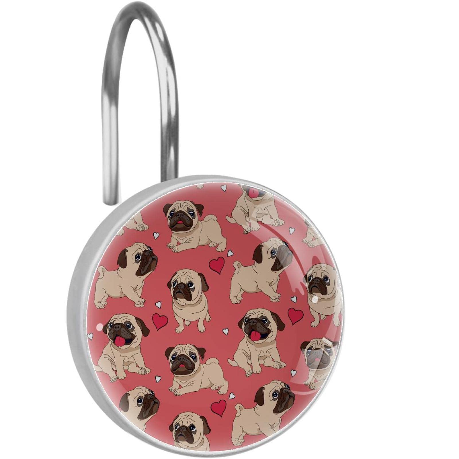 Crochets rideau de douche inox lot de 12 anneaux anti-rouille pour salle de bain motif chien carlin