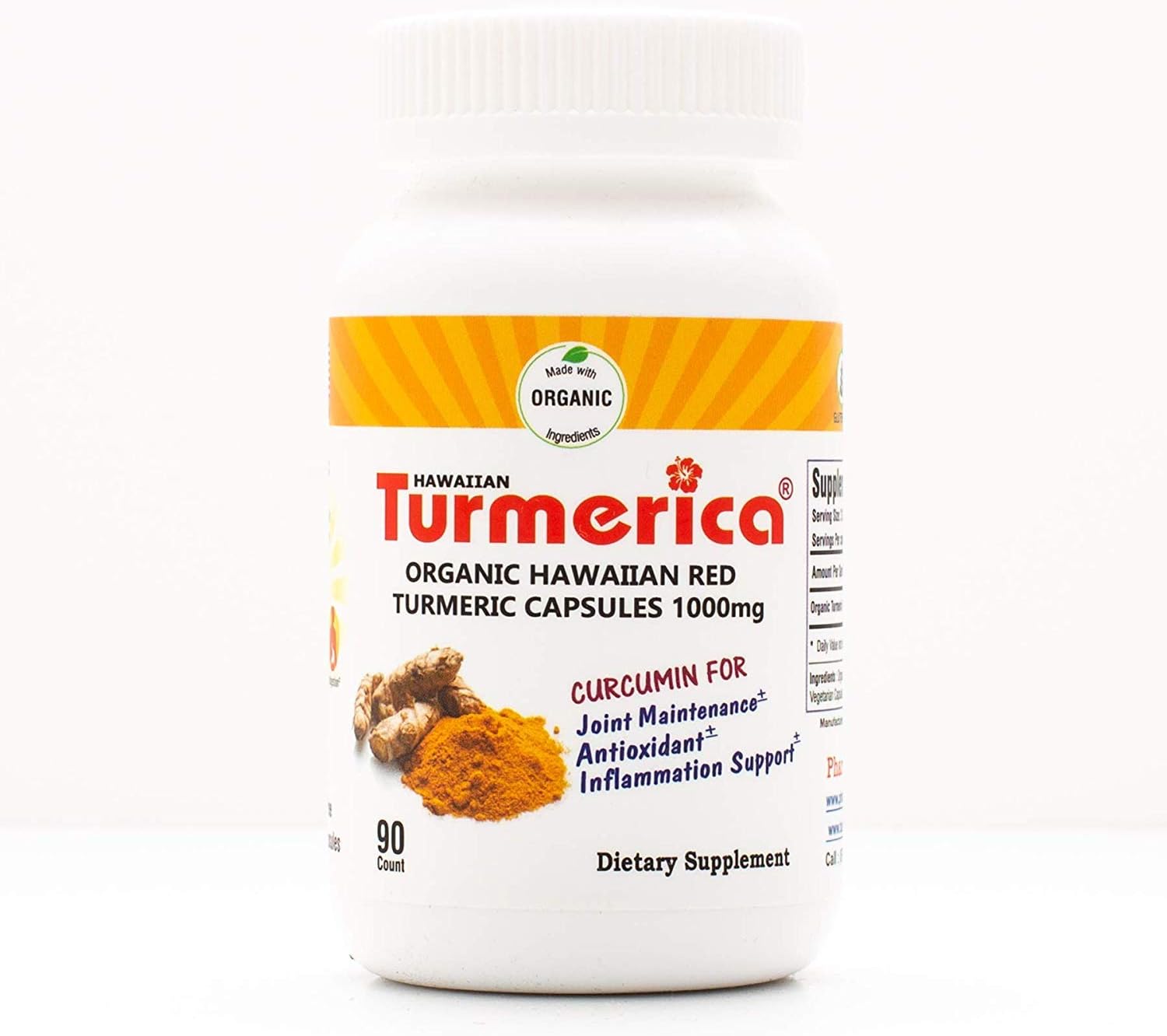 Hawaiian Turmeric Curcumin 1000mg Capsules, 100% Hawaiian Turmeric with no Other fillers, Made in The USA, 90 Vegetarian Capsules