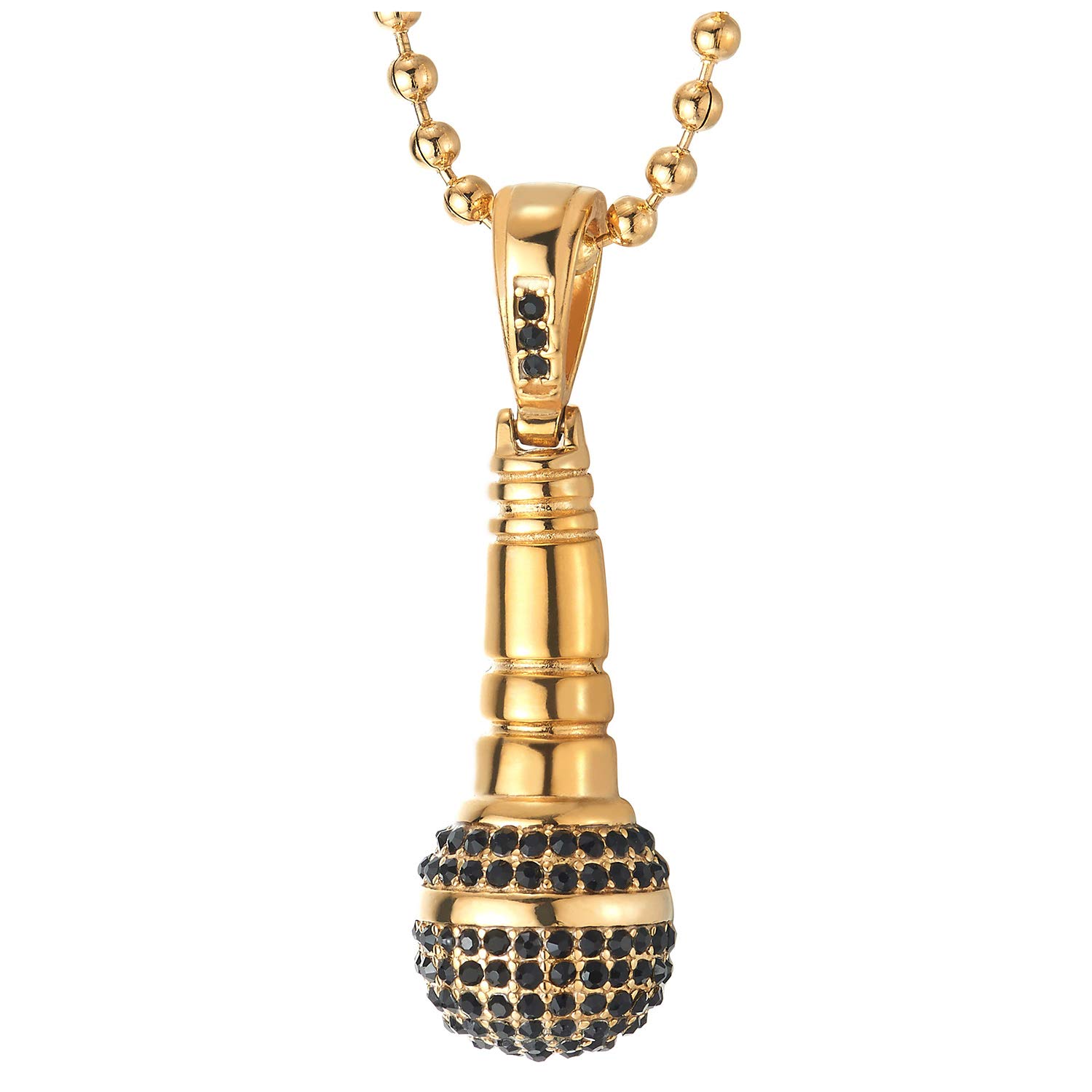 COOLSTEELANDBEYOND Mens Women Gold Steel Microphone Pendant Necklace with Black Cubic Zirconia, 23.6 in Ball Chain
