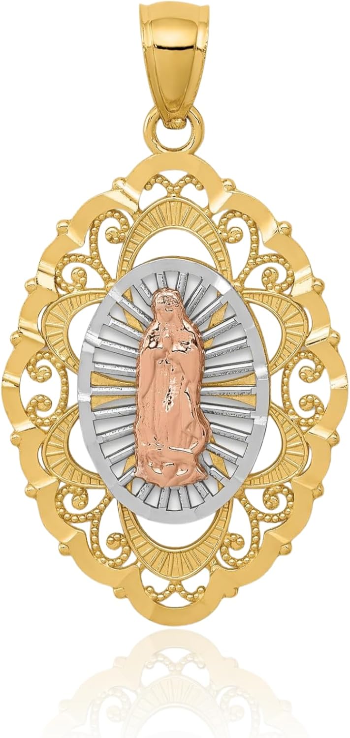 IceCarats 14K Solid Tri Color Pink White Yellow Gold Our Lady of Guadalupe Virgin Mary Necklace Virgencita Maria Rosa Pendant Catholic Christian Holy Mother Medallion Charm Only