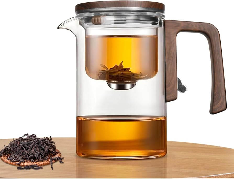 Enchanti Tea Pot with Wooden Handle - Water Separation Glass Teapot, Press Control Magic Tea Pot