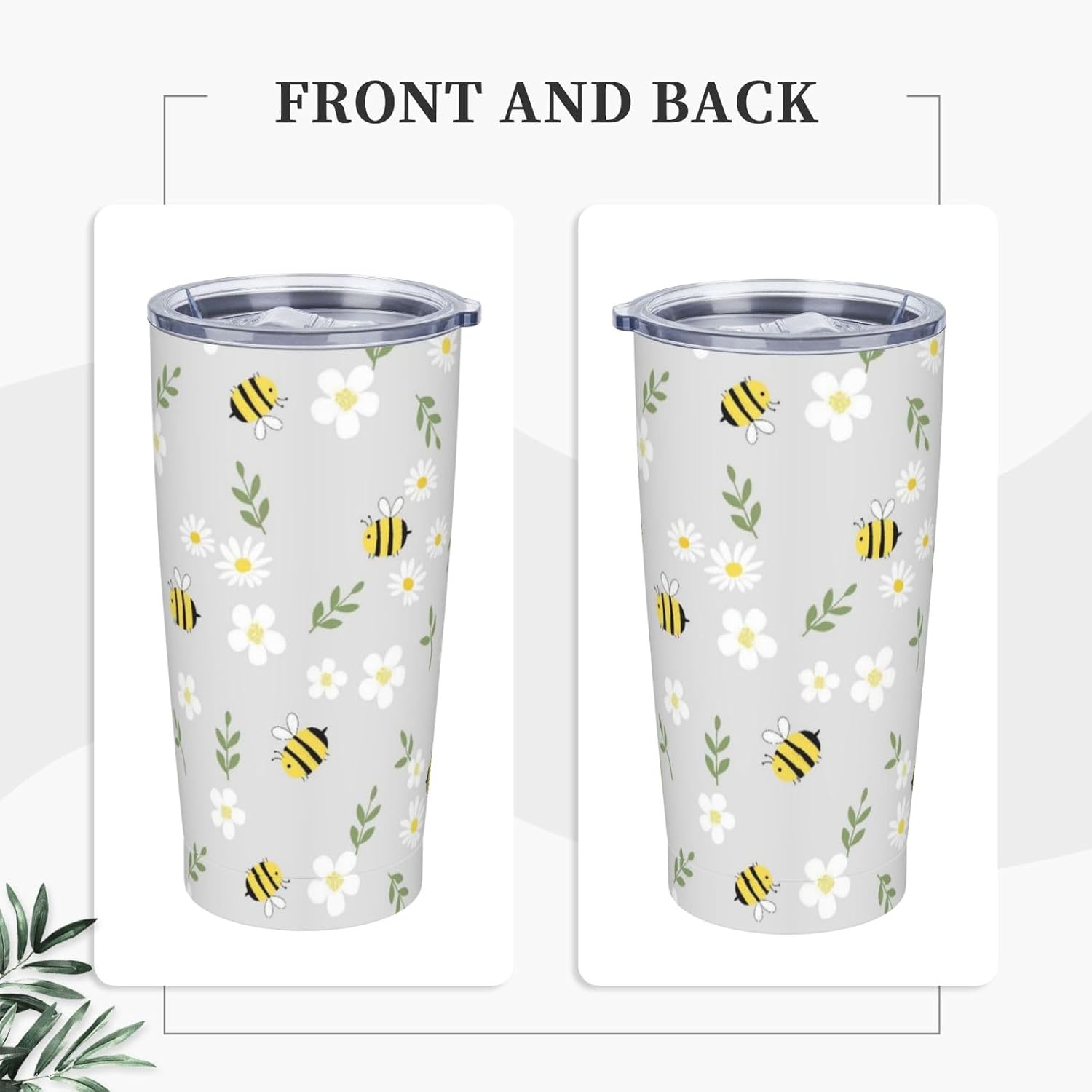Cute Bees Tumbler 20 oz White Daisy Flower Mug with Lid and Straw Green Leaves Coffee Cup Floral Travel Tumblers for Gym Hiking Grey Water Bottle Birthday Presents for Women Men Bee Lover image 3