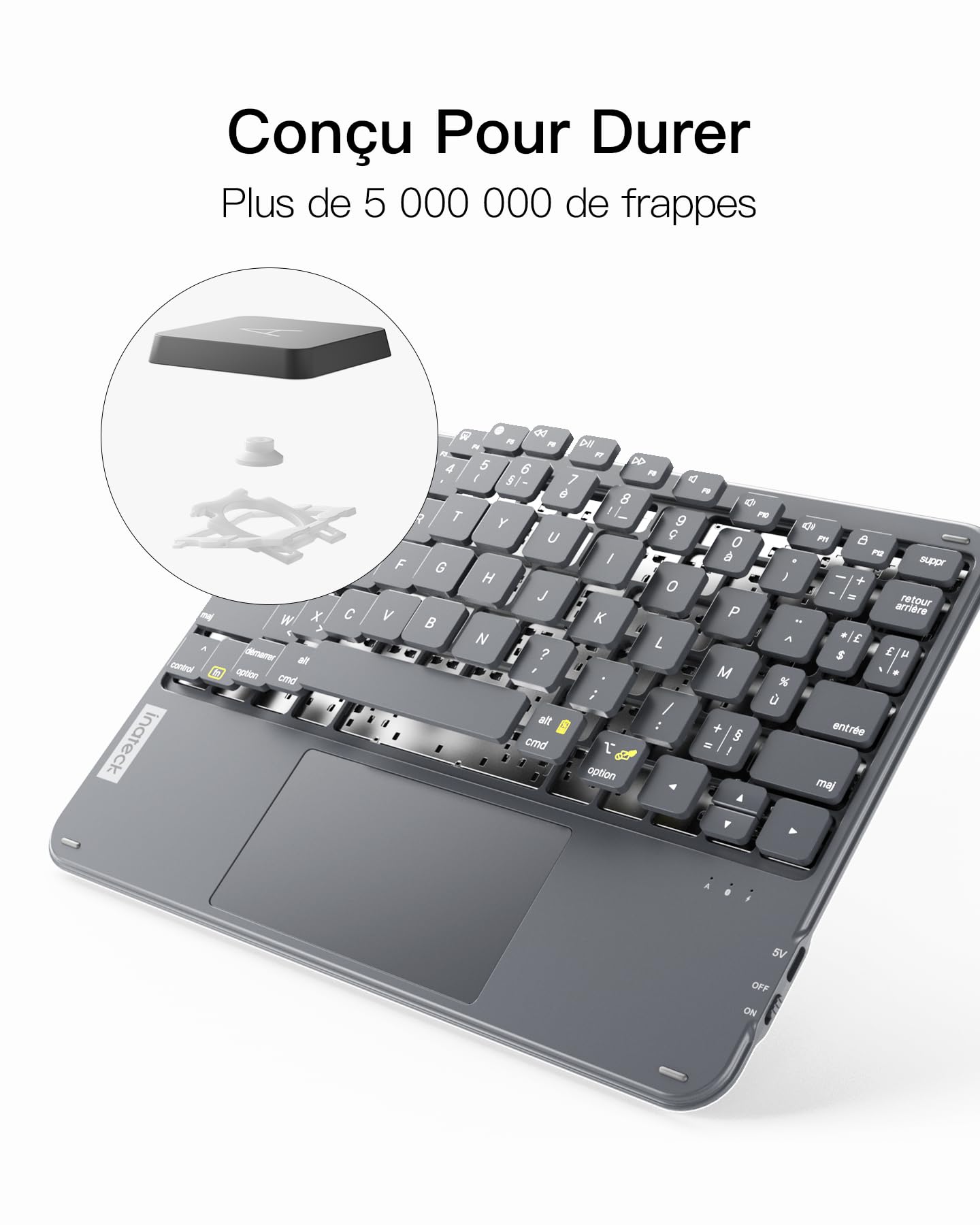 Inateck Clavier Bluetooth 3 canaux avec pavé Tactile, Clavier sans Fil AZERTY Ultra Fin et Portable, Compatible avec Windows et iPad OS, KB01105 Gris