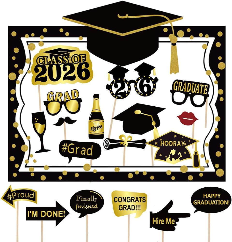 2026 Graduation Selfie Photo Booth Frame Black and Gold with 18Pcs Graduation Photo Booth Props, Upgraded Version with Support Cardboard, 2026 Grad Party Pose Sign