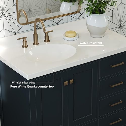 Miniatura 3 de ARIEL Tocador de baño azul medianoche de 43 pulgadas con encimera y protector contra salpicaduras de cuarzo blanco puro de 1.5 pulgadas, fregadero