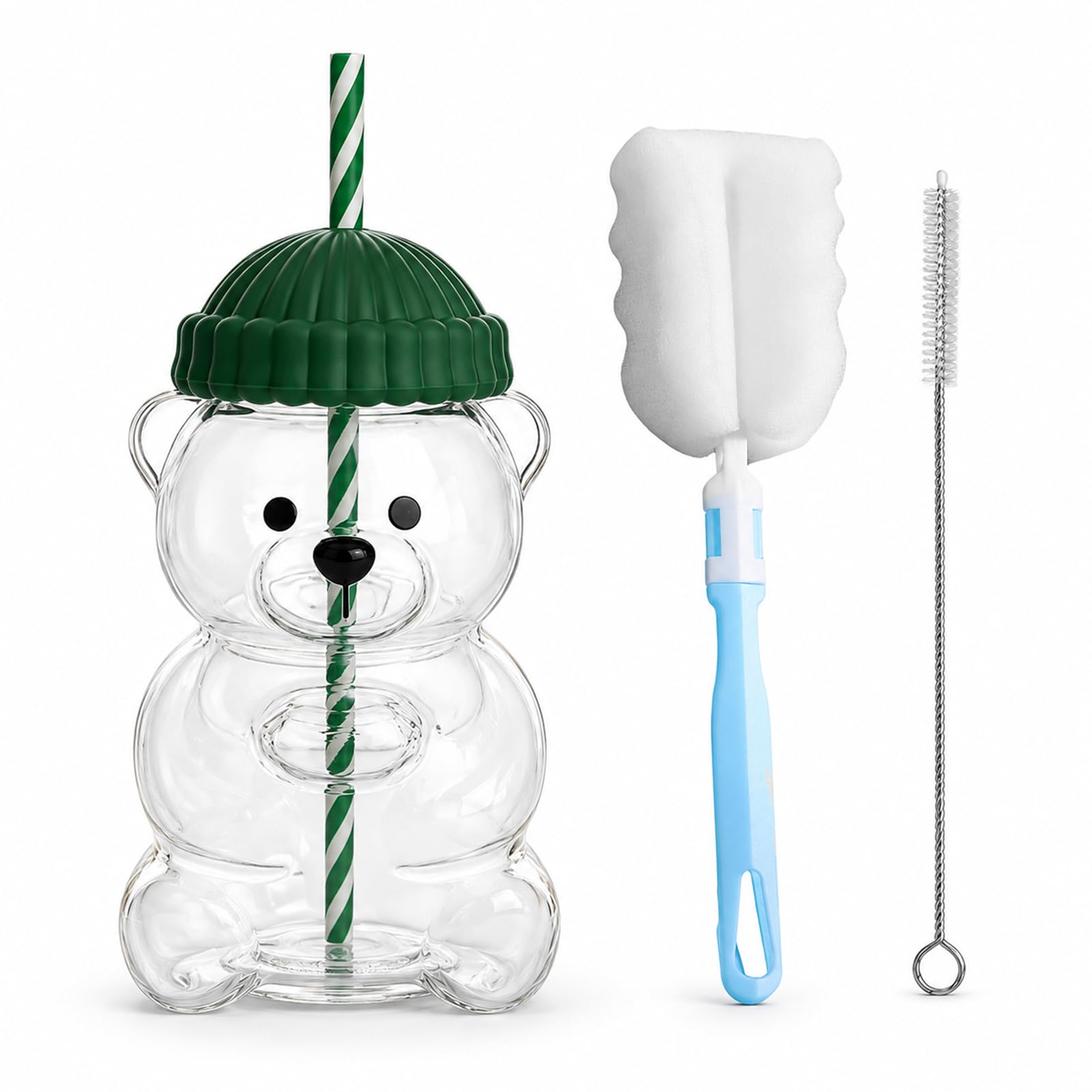 Iced Coffee Cup, 550ML(18.6oz) Cute Bear Glass Cup with Lids and Straws