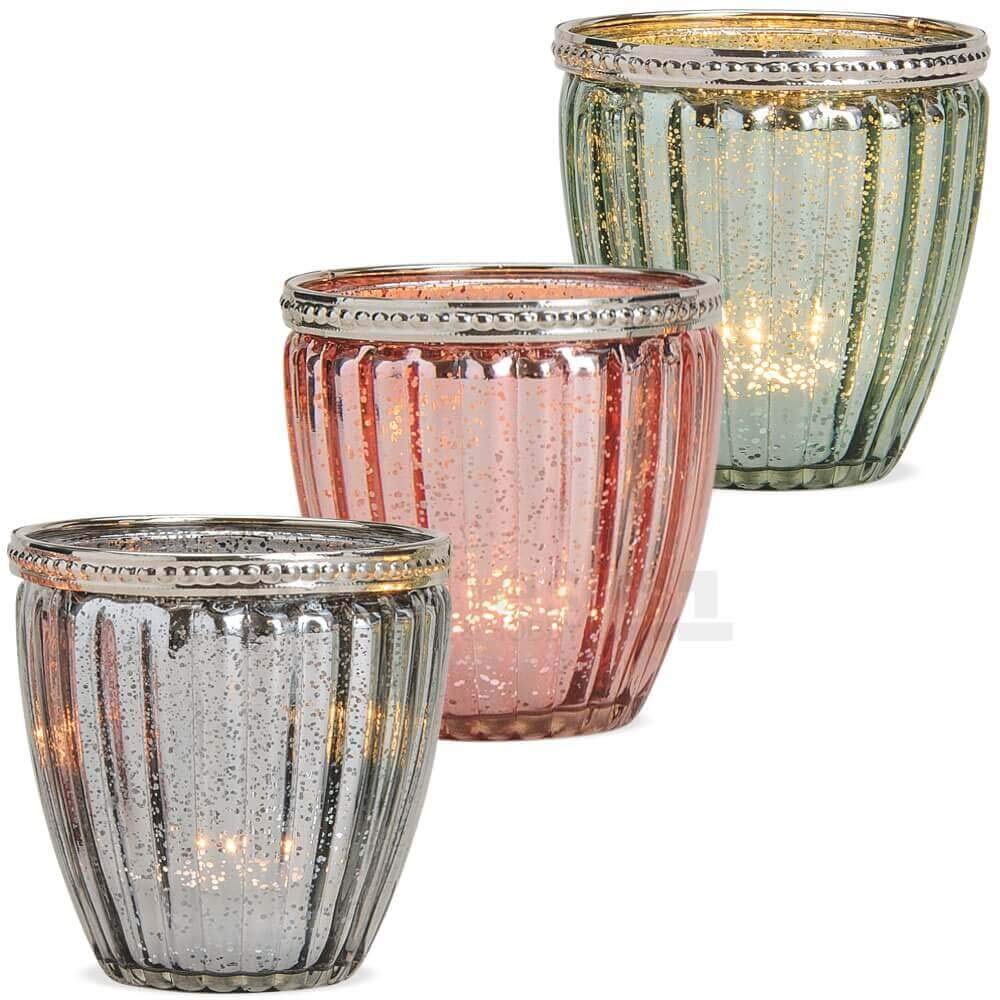 Matches21 - Portavelas De Cristal Estilo Oriental Con Aspecto Antiguo Y Metal, 3 Unidades, 13 X 14 Cm De Diámetro, Color Marrón, Rosa Y Verde