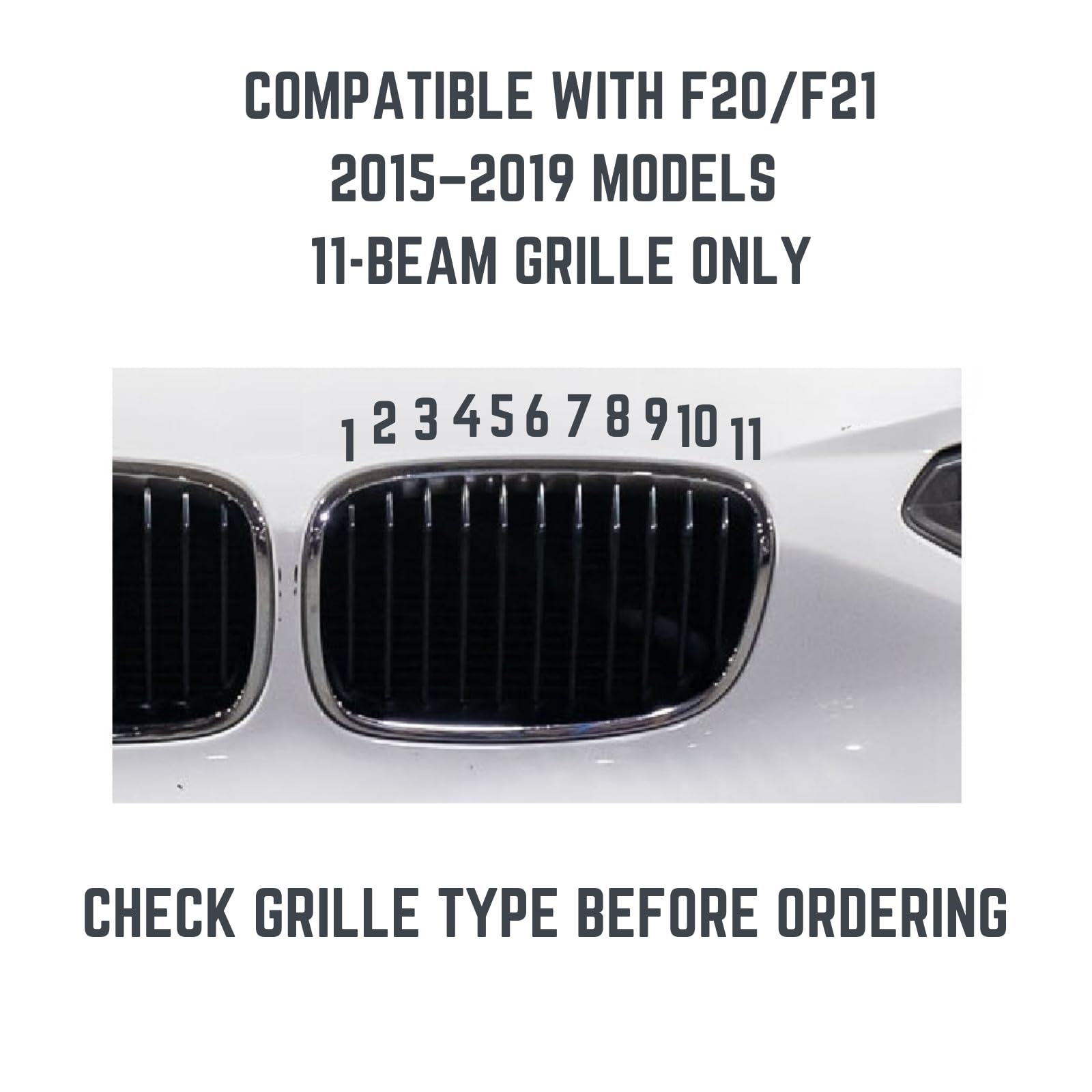 Inserti per griglia a clip compatibili con BMW Serie 1 — rifinitura decorativa per griglia a reni, set da 3 pezzi (F20/F21 2015–2019 9-raggi)