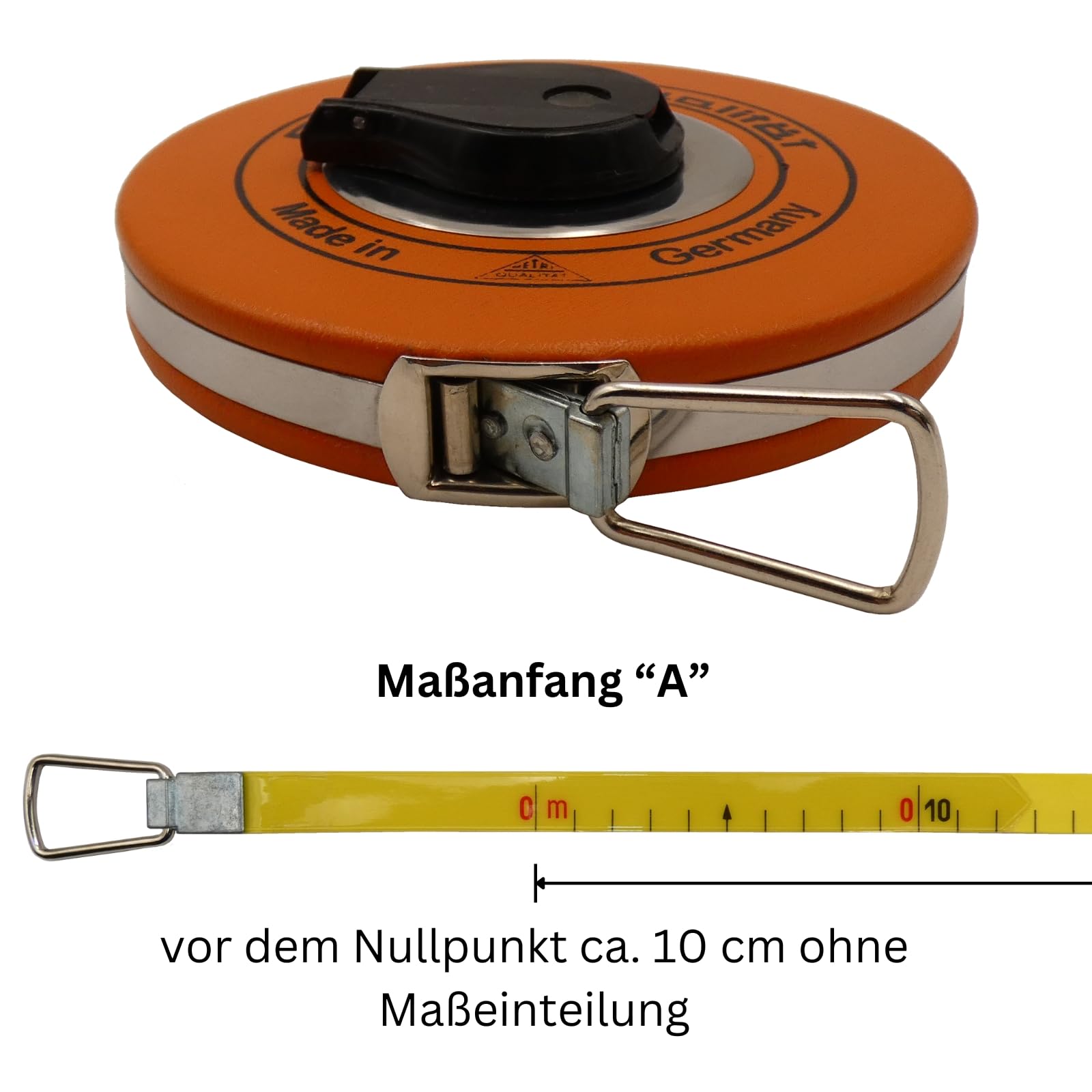 Richter Glasfaserbandmaß 50 m – 16 mm breit – gelbes Gewebeband mit cm-Teilung – in robuster Platalkapsel mit Kunststoffüberzug – Maßanfang A (10 cm Vorlauf) inkl. DEWEPRO Zollstock 2 m