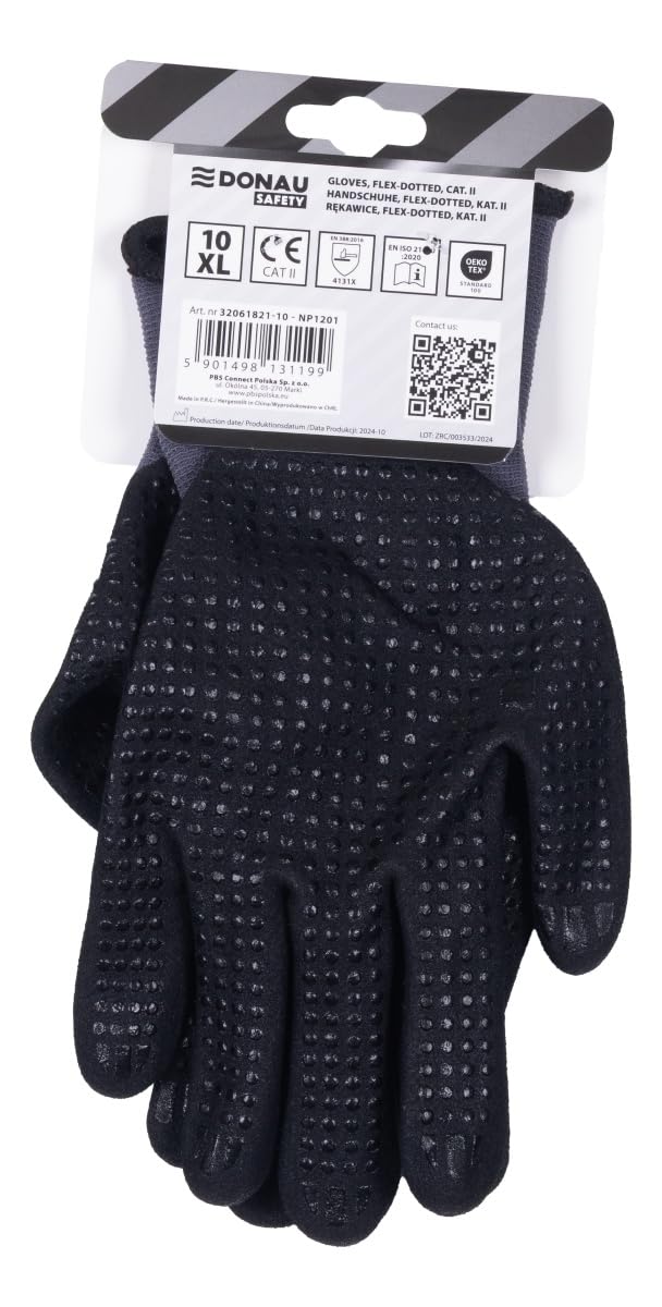 DONAU SAFETY Gants de travail Flex-Dotted avec picots antidérapants, taille 10/XL, 1 paire, gris-noir, pour mécaniciens, revêtement nitrile, légèrement résistant à l'huile, nylon