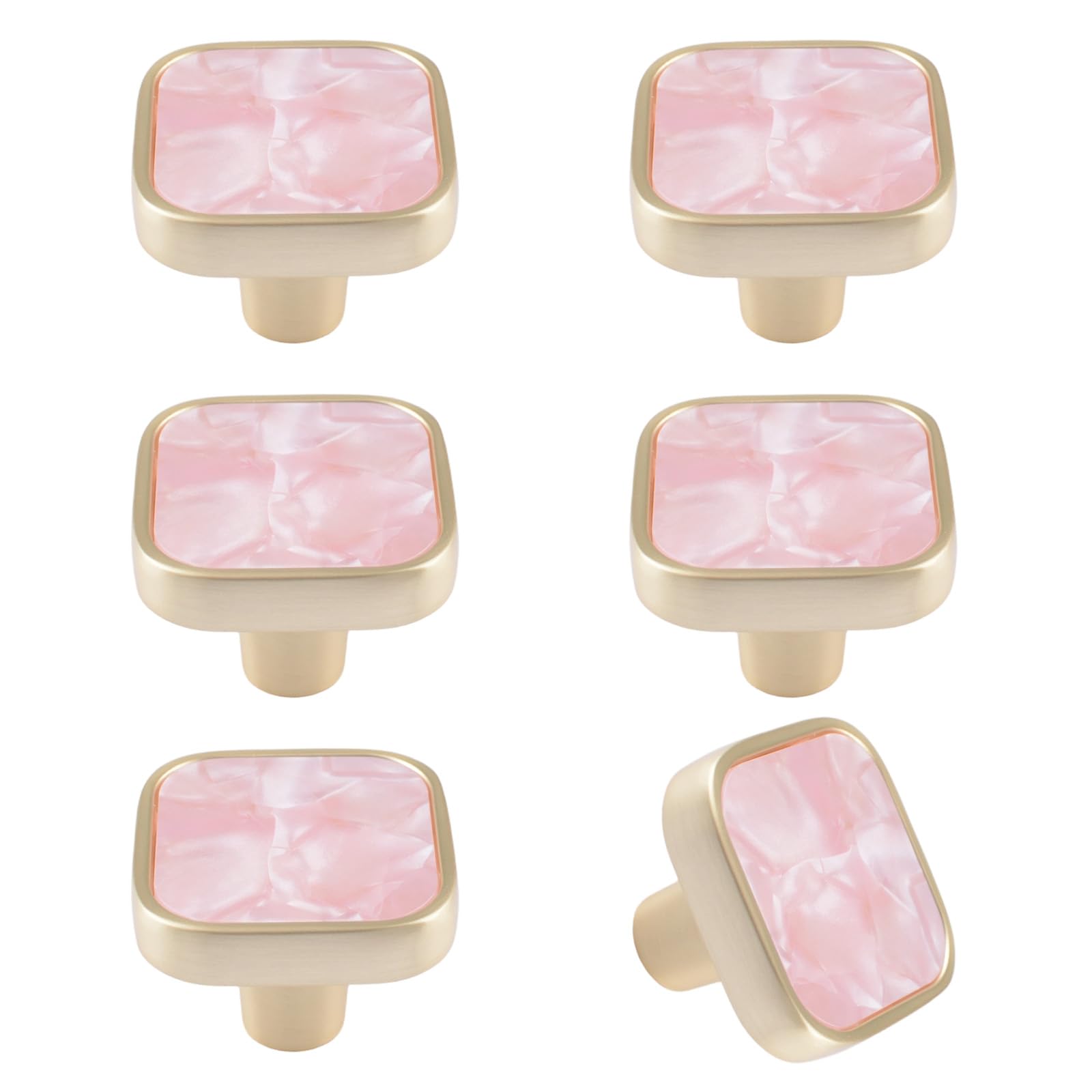 MOROBOR Square Cabinet Handle, 6 Pcs Creative Dresser Drawer Pulls Multifunctional Cupboard Pull Handles Decorative Single Hole Knobs Furniture Accessories/Gold Base with Pink Surface — image 1