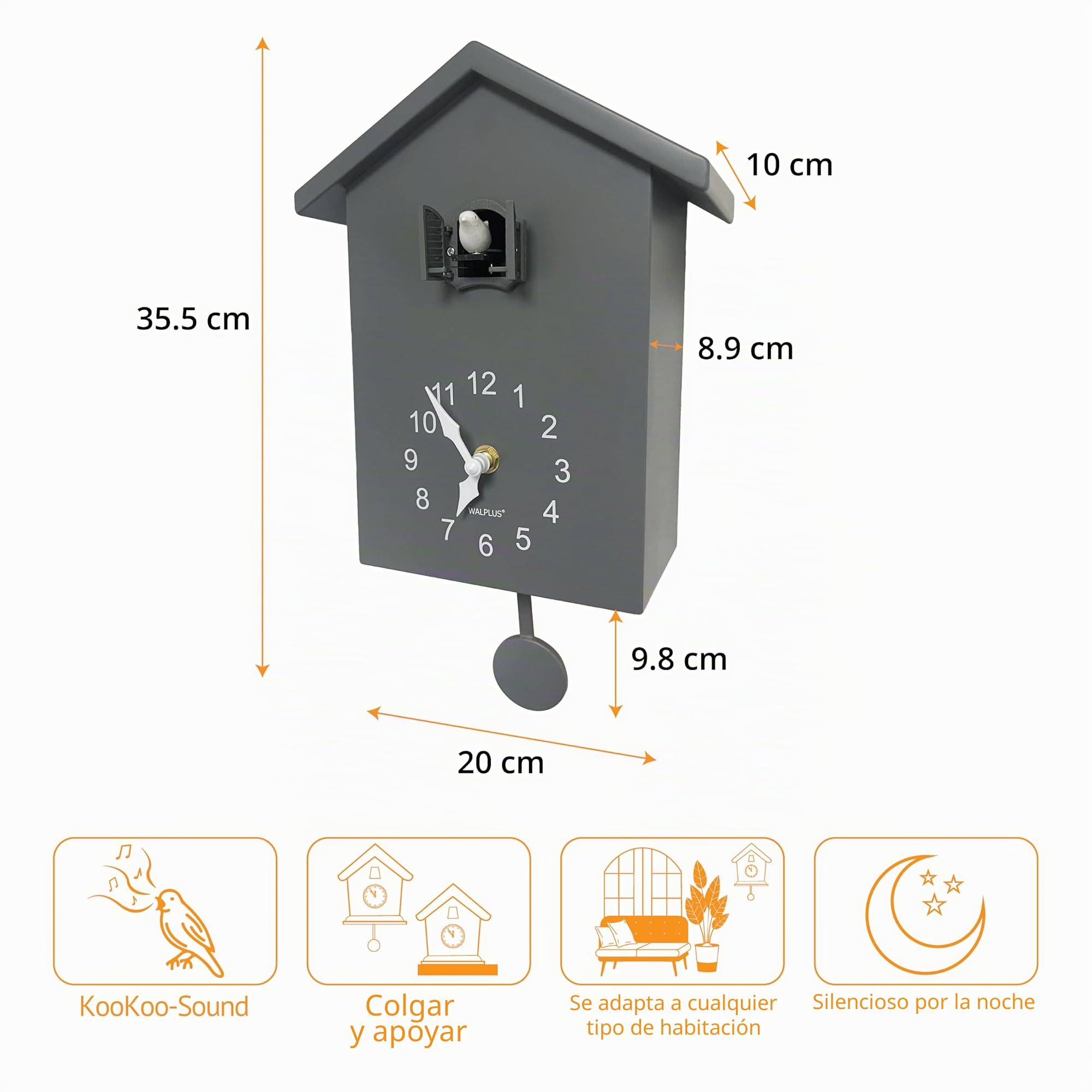 WALPLUS Moderno Reloj de Cuco con pájaro Que Canta en la Hora, Relojes de Pared con péndulo de Cuco