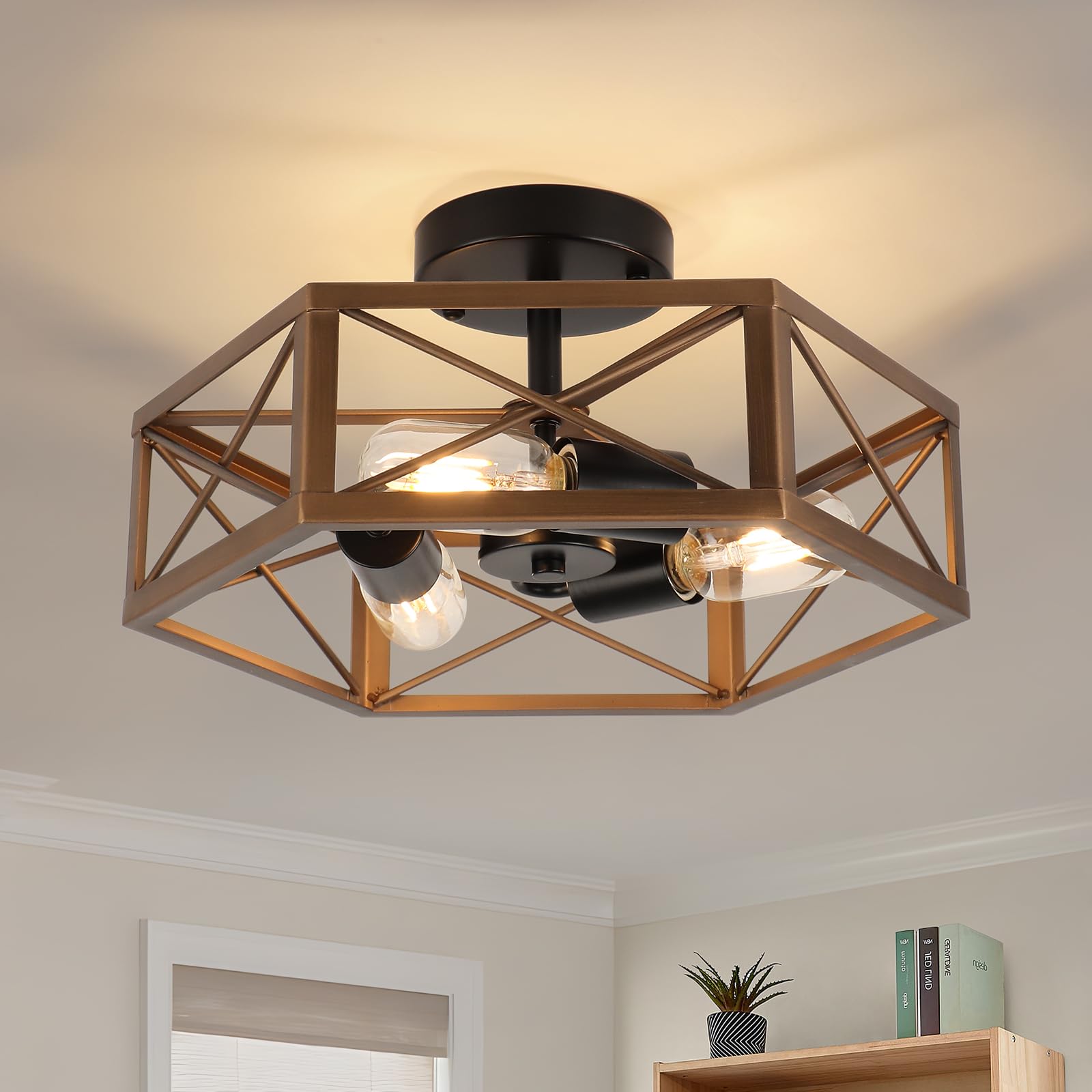 WILON Flush Mount Ceiling Light Fixture for Kitchen - 3 Light Industrial Close to Ceiling Lighting, Bronze Farmhouse Metal Cage Hexagon Lamp for