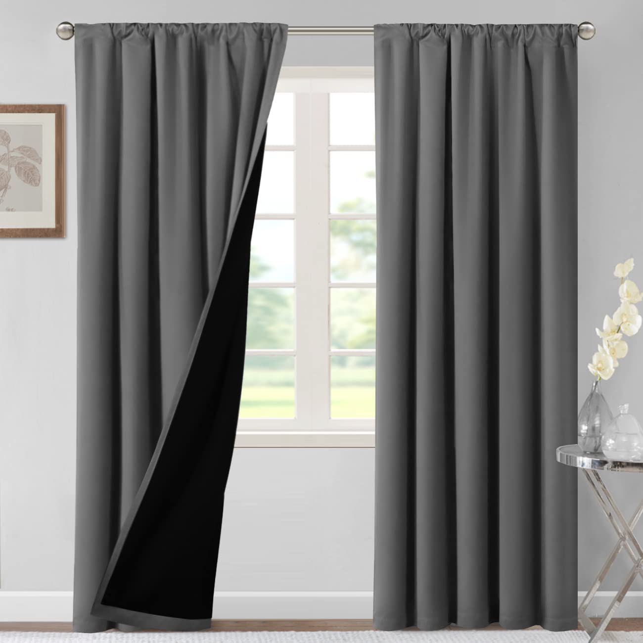 H.VERSAILTEX Cortinas 100 % opacas para dormitorio, con aislamiento térmico, cortinas opacas de 84 pulgadas de largo, cortinas opacas con bolsillo para cortinero para sala de estar con forro negro,