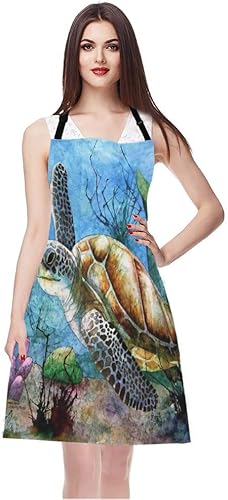 Miniatura 7 de WONDERTIFY Delantal de tortuga marina, pintura al óleo de natación solitaria en el océano con cuello ajustable para hombres y mujeres, adecuado para