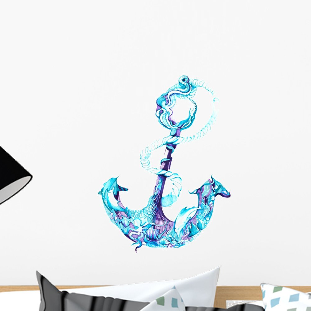 Wallmonkeys Costal Anchor Watercolor Blue Wall Decal Peel and Stick Graphic (18 in H x 13 in W) WM368601