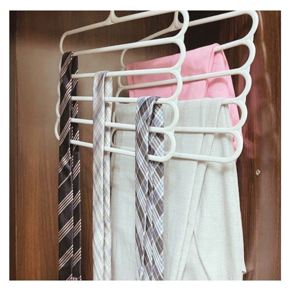 PACK OF 10 - Plastic Multilayer hangers for closet organization light grey colour by Salwa International 5 layer clothes hanger for pants, scarves, tie or scarves