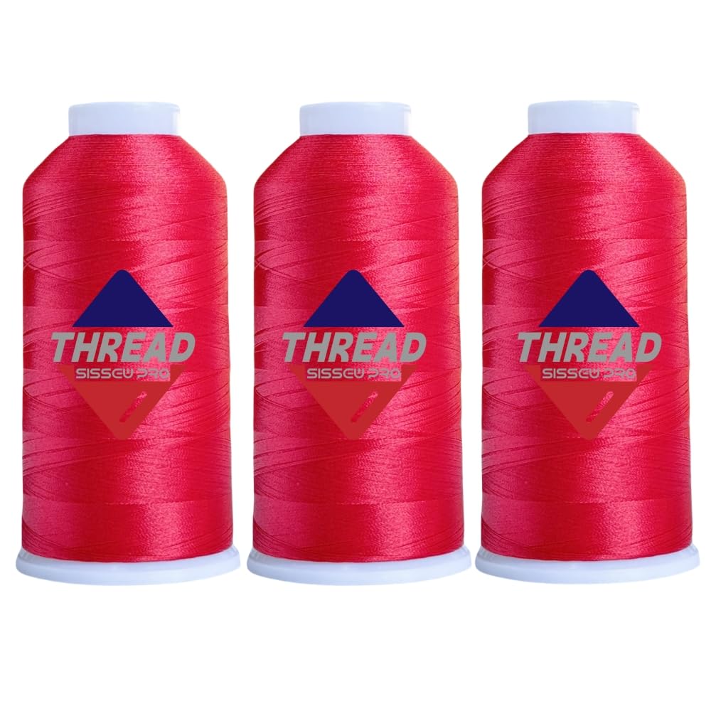 Sissewpro 40WT Machine Embroidery Thread 3 Big Spool (5,000M Each 15,000M Total) – 3 x Red Polyester Embroidery Machine Thread 120D/2 for Commercial &amp; Home Embroidery Machines