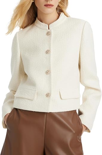 GOELIA Tweed Cropped Blazer Jacket for Women Open Front Long Sleeve Slim Fit Business Casual Blazer