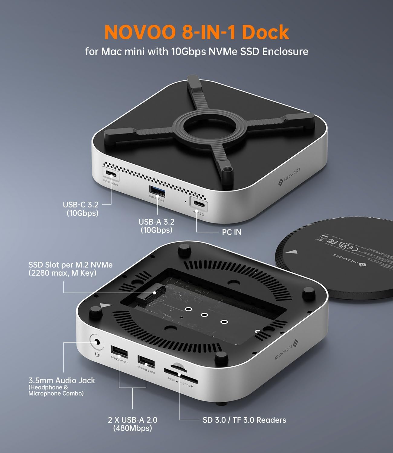 NOVOO Mac mini M4 Dock, Aluminum Mac mini Docking Station for Apple Mac mini M4 / Mac mini M4 Pro, M.2 NVMe 2280 SSD Enclosure, 10Gbps USB-C & USB-A, SD/TF, Audio, One-Press Power, Mac mini Hub