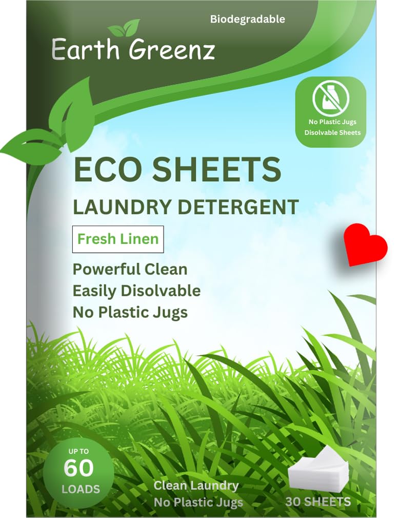 Earth Greenz Laundry Detergent Sheets - Fresh Linen - No Plastic Jug (60 Loads) 30 Sheets