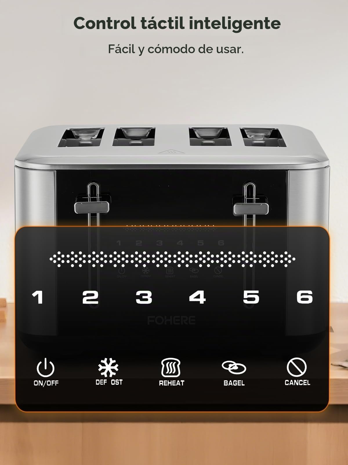 FOHERE Tostadora 4 Rebanadas, Pantalla Táctil LED, 6 Niveles Tostado | Función Recalentar y Descongelar, Bandeja Recogemigas Extraíble, Cuerpo de Acero Inoxidable, 1600W