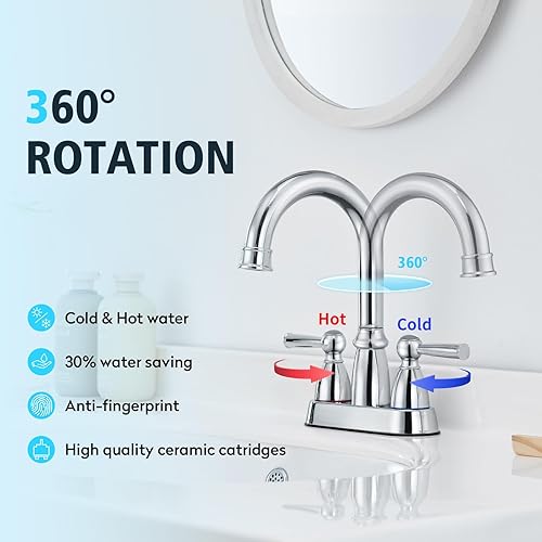 Miniatura 2 de CREA Grifo de lavabo de baño cromado con 2 manijas, grifo de fregadero con drenaje emergente, 2 agujeros para tocador lavabo lavabo baño