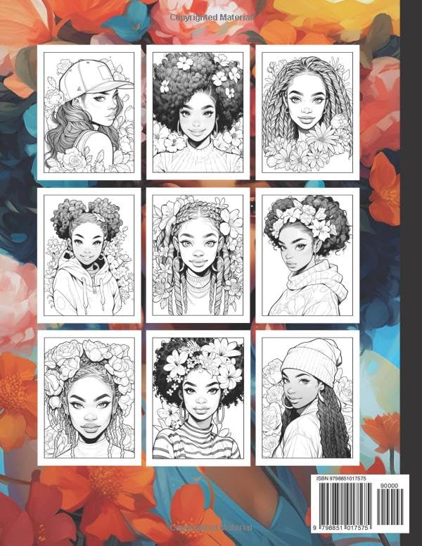 Botanical Beauties: Black Girl Coloring Book For Adults: 50 Portraits of Beautiful Black Women with Flowers and Various Hairstyles | Gift for African American Woman image 3