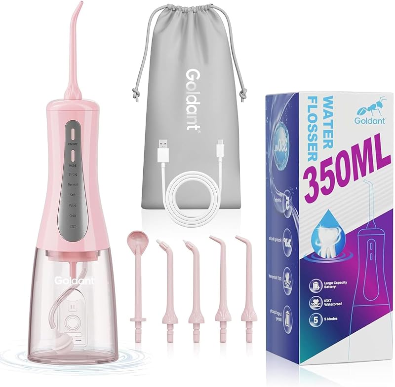 2026 Upgrade 350ML Cordless Water Flosser for Teeth Cleaning & Travel Bag, Dental Flosser Teeth Pick with 5 Modes & 5 Tips, Rechargeable Electric Flosser for Braces, Travel & Home (Pink)
