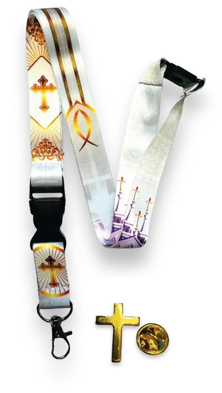 PAC Supplies Global Religious Christian Lanyard with Detachable Buckle Clip & Matching Gold Cross Pin Badge