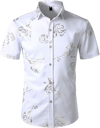 ZEROYAA Camisas de vestir de manga corta con botones y estampado de rosas doradas para hombre