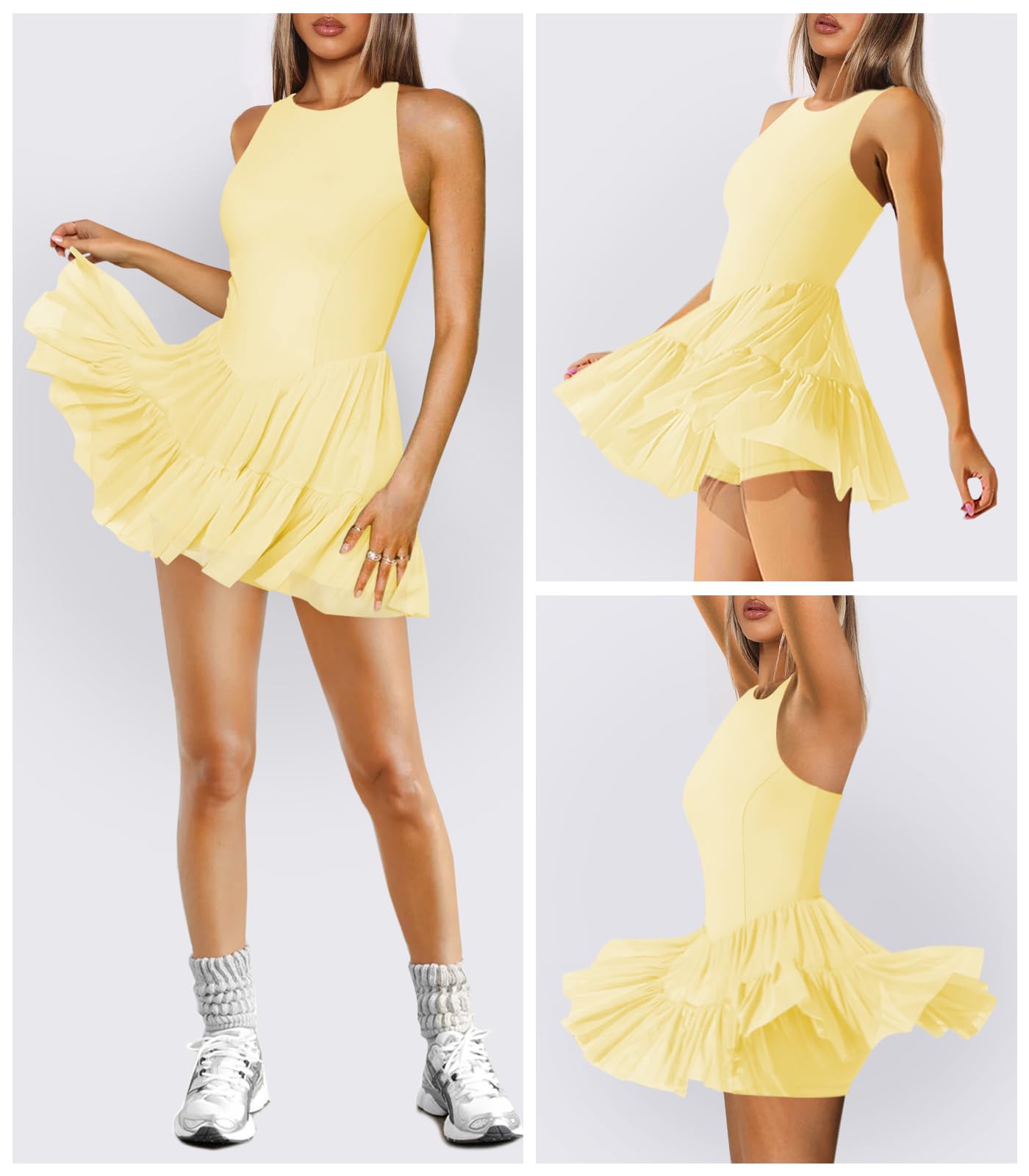 Hragc Damen-Tenniskleid, fließend, plissiert, Rüschen, athletisches Kleid für Damen, Sommer, U-Boot-Ausschnitt, ärmellos, Mini-Golfkleid, Shorts, Taschen