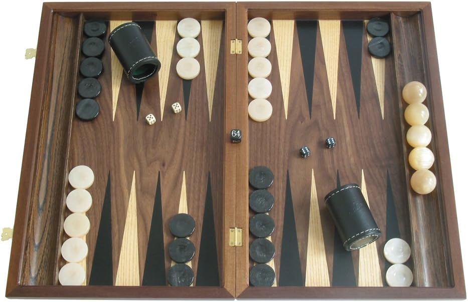 Walnut Backgammon Set with Racks (Wood Case) - Large 19" Board Game