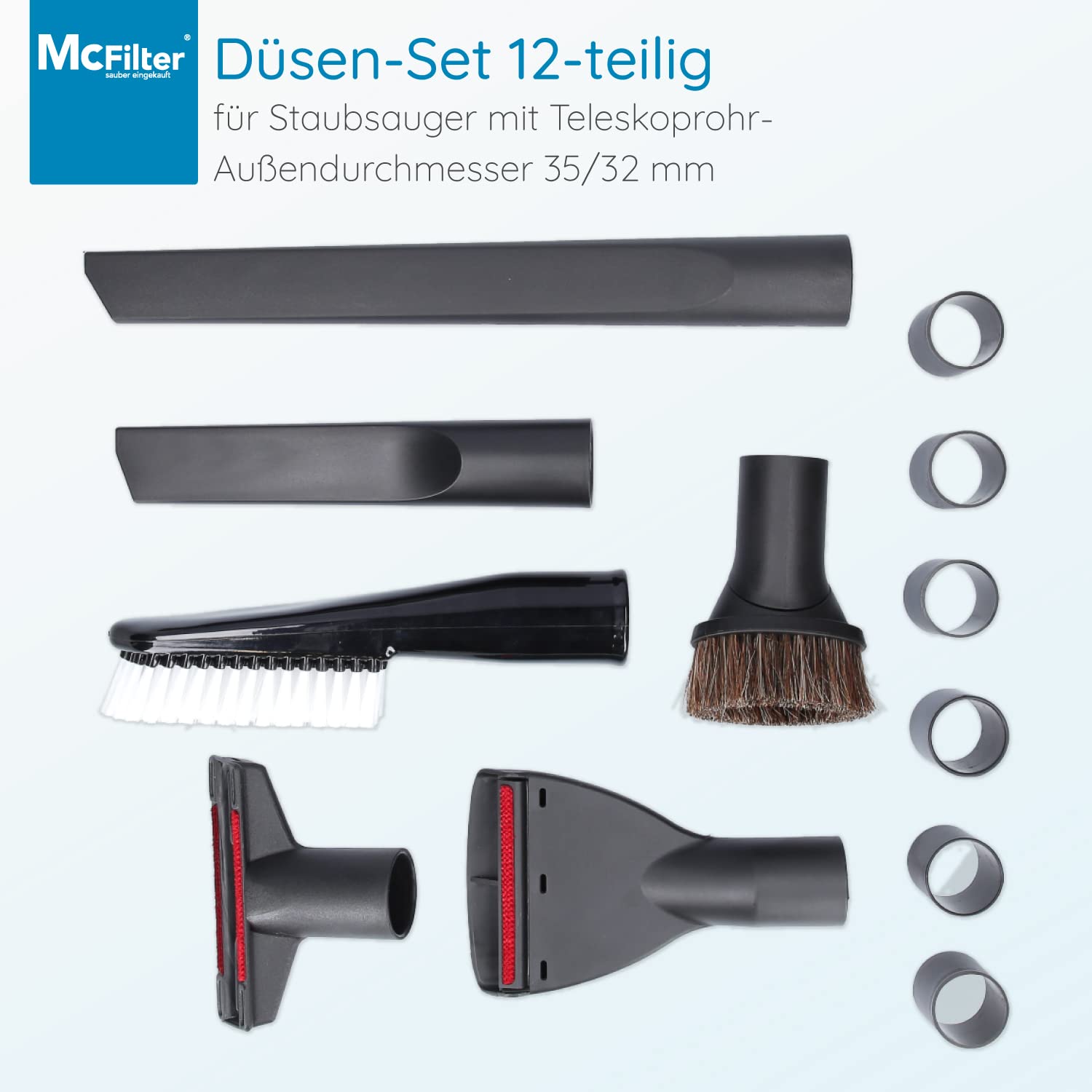 McFilter | Juego de boquillas 12 piezas compatible con MAKITA VC2010L VC2012L VC2512L VC3011L VC3012L VC3511L | boquilla para hendiduras, cepillo para muebles, cepillo de aspiración, adaptador