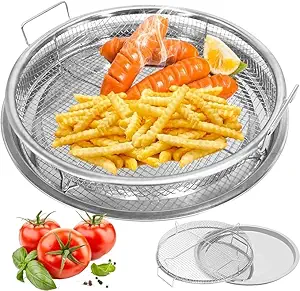 Snevad Stainless Steel Mesh Air Fryer Chips Round Basket With Tray Non-Stick Oven Baking Tray Accessories Rack Roasting Crisping Grill Basket Holder Kitchen Cooking Tools Dishwasher Safe [33x33x8 CM]