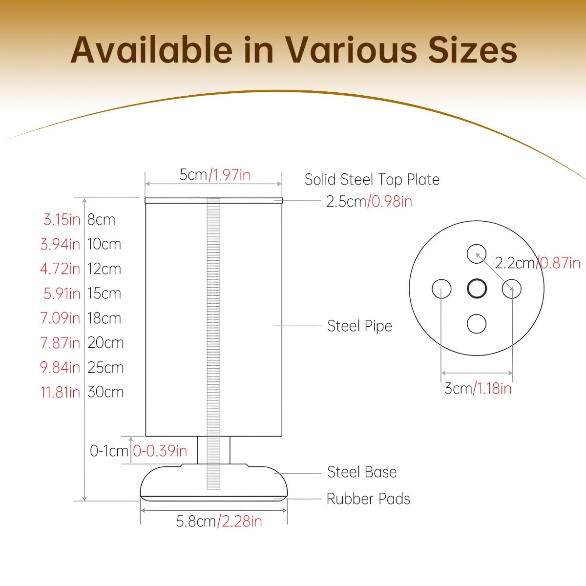 4 Gambe Regolabili per Letto, Piedini per Mobili in Metallo 8–30cm per Struttura Letto/Divano/Armadio/Tavolo/Toeletta, Supporto Pesante Sottopiano(Bianco,30cm/12in)