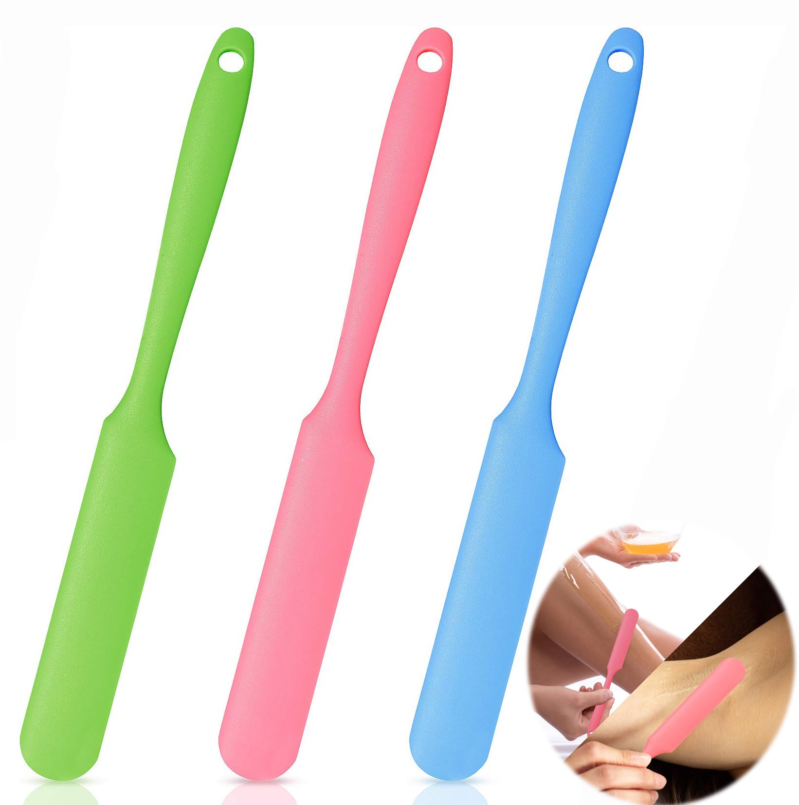 3-Pack Non-Stick Silicone Wax Spatulas - Reusable Waxing Applicators for Hair Removal at Home or Salon (Blue, Pink, Green)