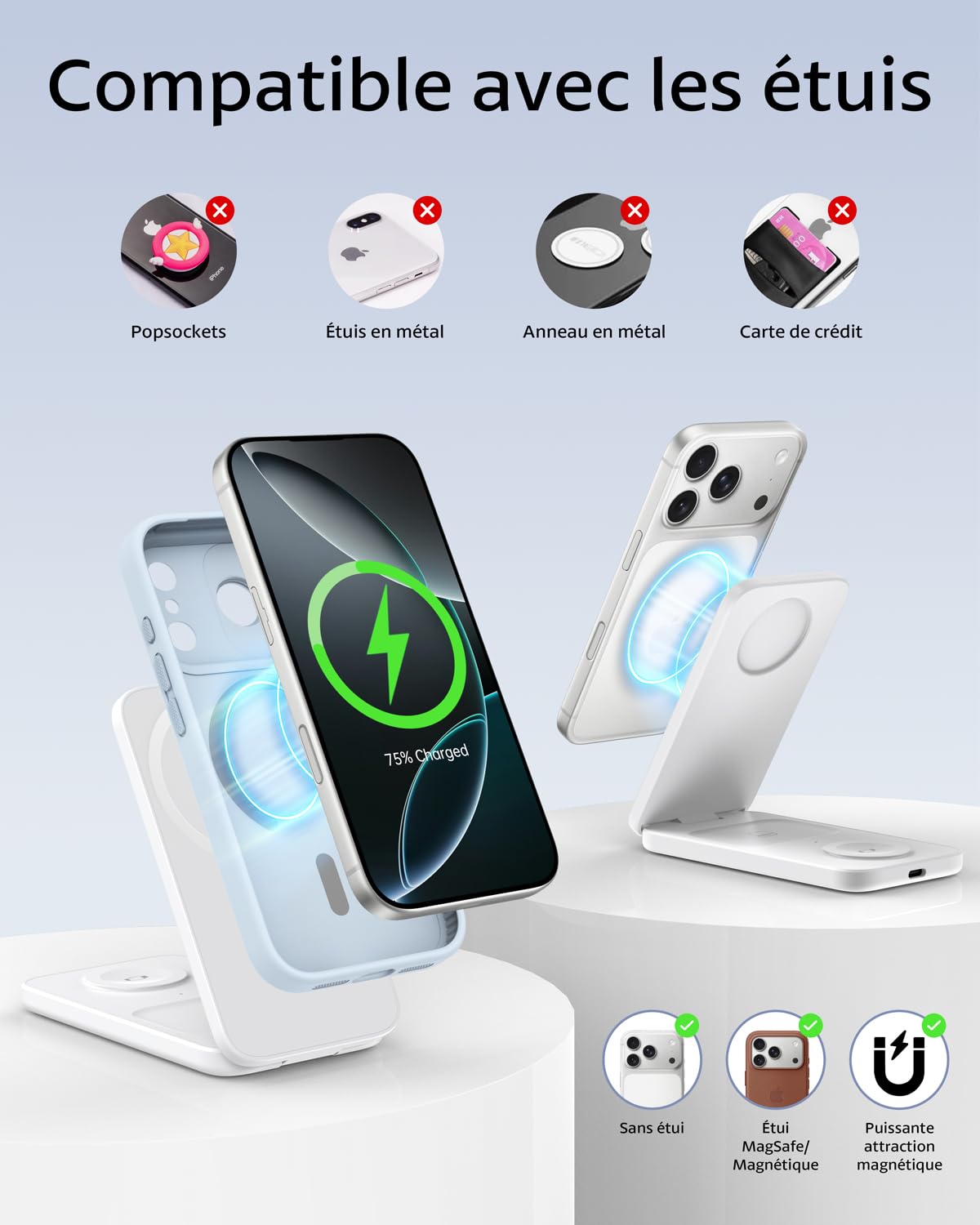 Chargeur Induction iPhone 3 en 1 Compatible MagSafe, Station de Charge sans Fil Magnétique Pliable 15W pour iPhone 17/16/15/14/13/12, Apple Watch et AirPods Support de Recharge (Blanc)