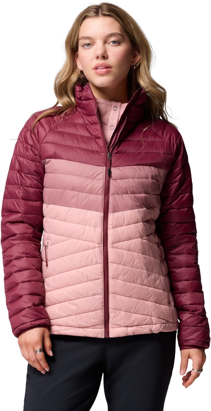 Columbia Women's Powder Pass Jacket, Puffer Jacket, Eraser Pink, Fig, Rich Wine, XS