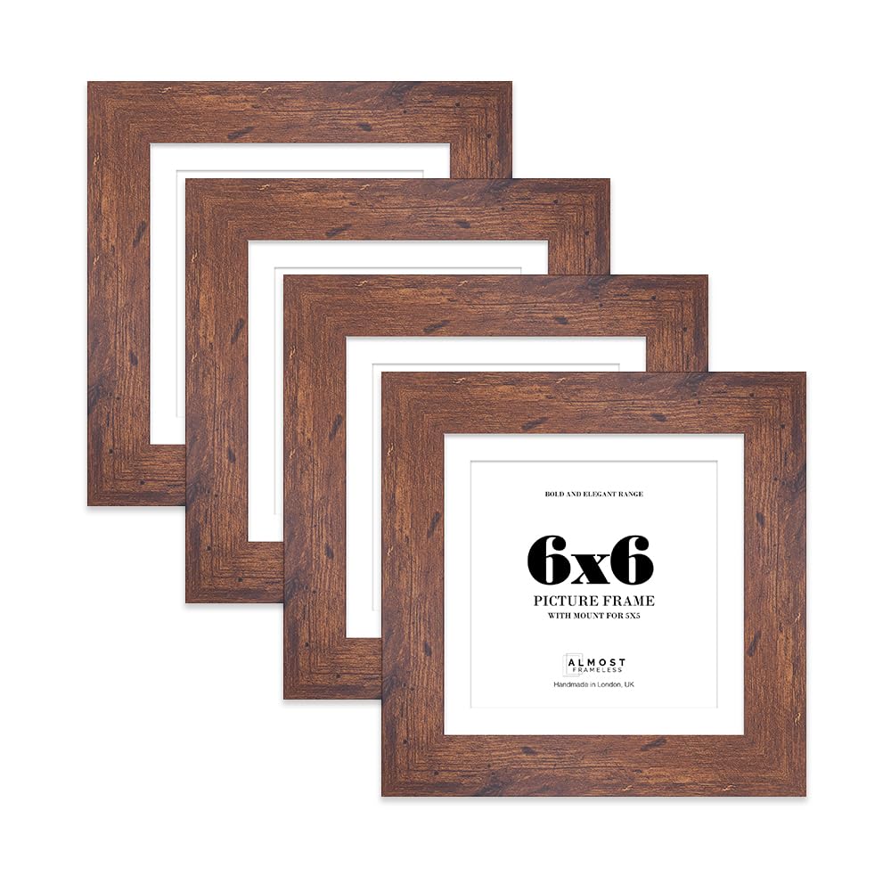 6x6 Rustic Wood Square Frame With Mount for 5x5 Pictures 28mm Edge Frame Display with Wall Hooks and Kickstand, 4 Pack