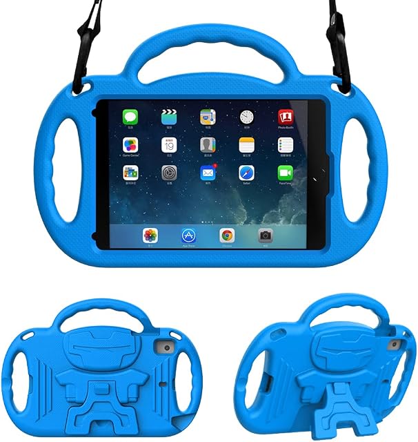 Surom Kids Case for iPad Mini 5 4 3 2 1, iPad Mini Case with Shoulder Strap, Shockproof iPad Mini Kids Case with Handle Stand for iPad Mini 5th/4th/3rd/2nd/1st Generation 7.9 inch, Blue