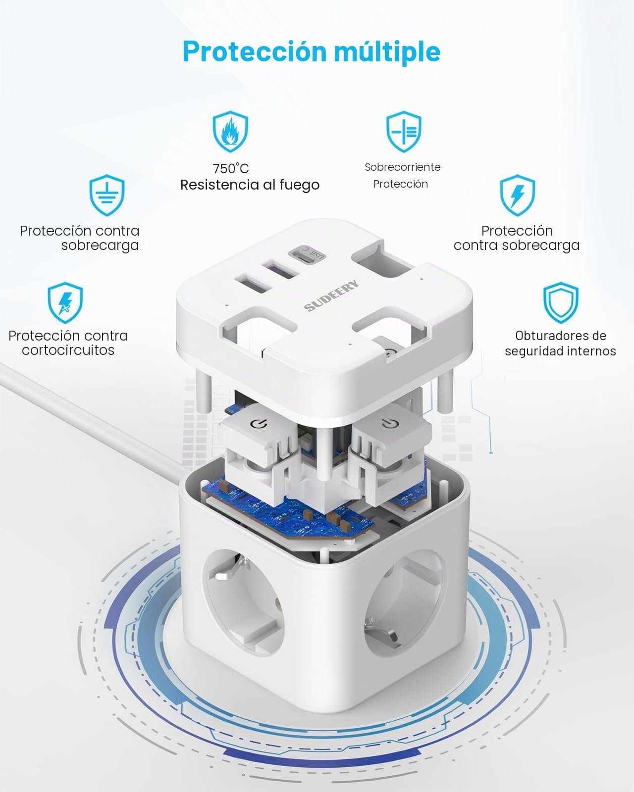 SUDEERY Enchufe 6 en 1 cubo con USB C,regleta de 3 enchufes,enchufe plano con conmutable individual,enchufe múltiple con cable de 2m,1 conector múltiple tipo C USB para oficina, casa, viajes (blanco)