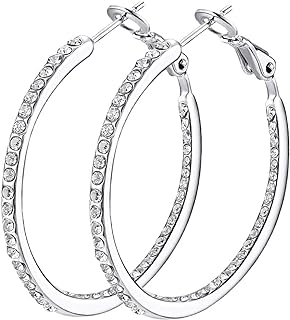 Silver Hoop Earrings for Women, Fashion Lightweight CZ Cubic Zirconia Rhinestone Hoops Gifts White Gold Rose Gold Plated 35mm - 45mm